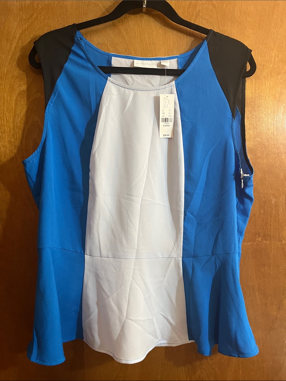 New York & Company Sleeveless Colorblock Peplum Top - Blue, White, Black Bundle